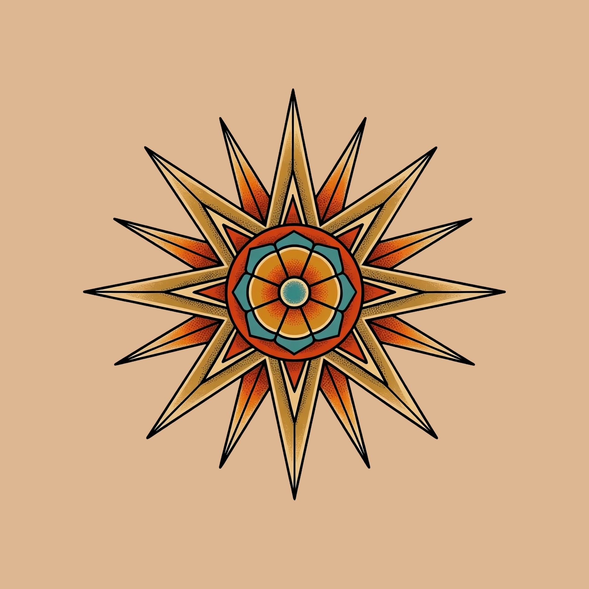 Close-up of the Compass Star Mandala design on a Tan tee