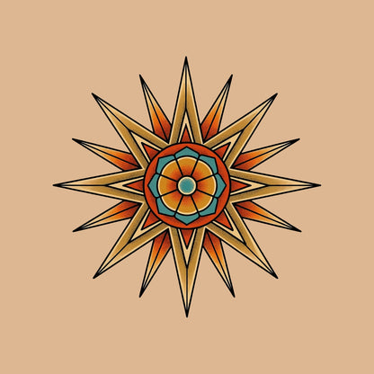 Close-up of the Compass Star Mandala design on a Tan tee