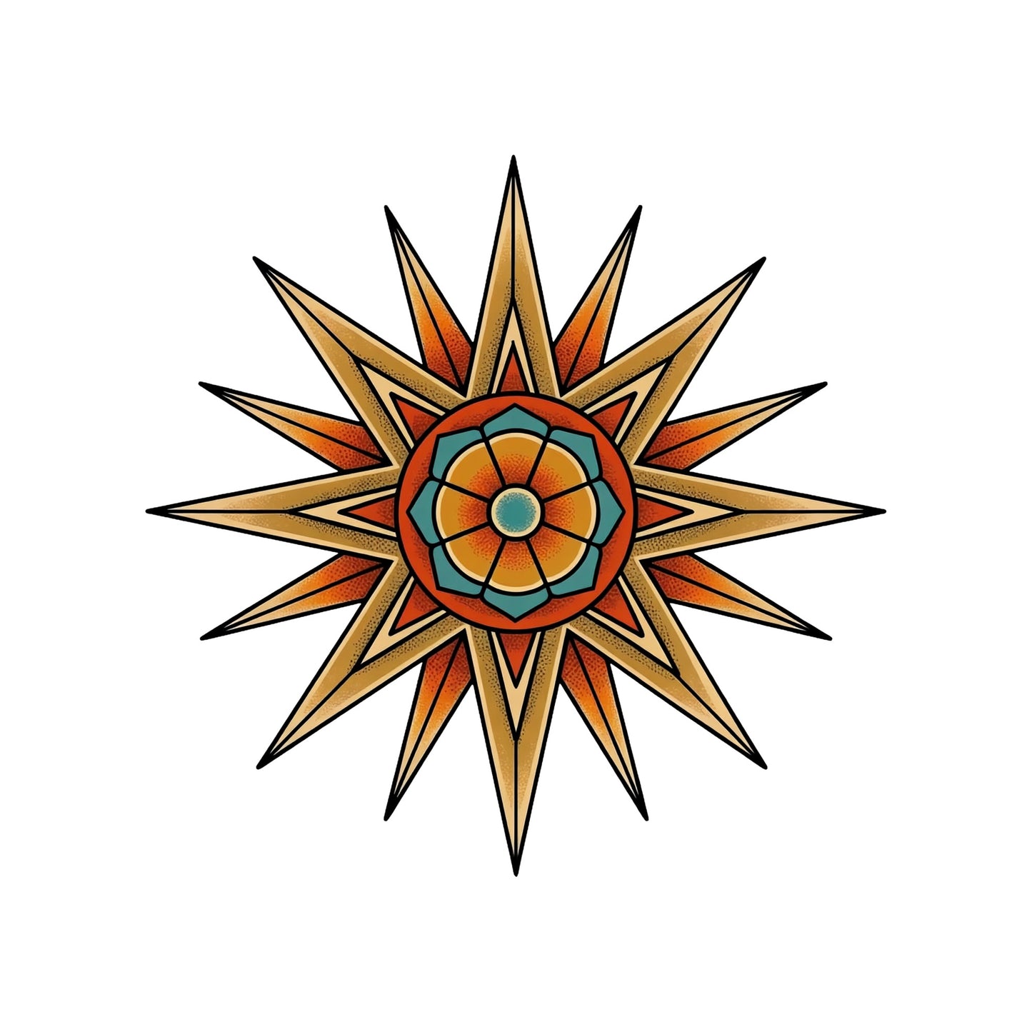 Close-up of the Desert Mandala Star design on a White tee