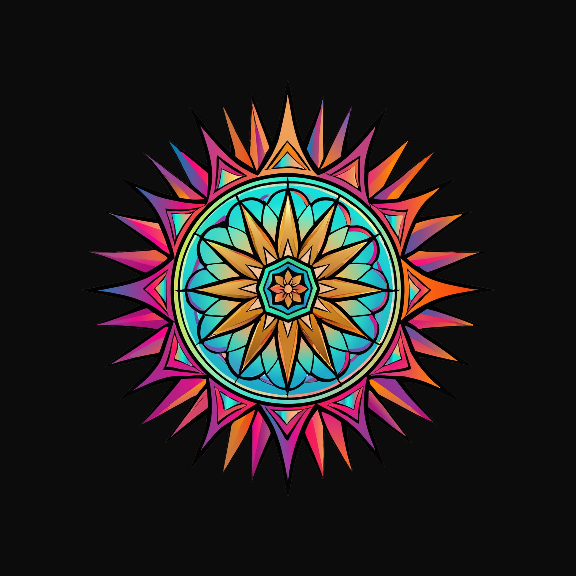 Close-up of the Neon Gradient Mandala design on a Black tee