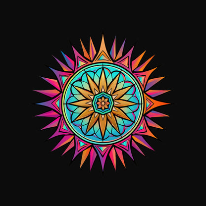 Close-up of the Neon Gradient Mandala design on a Black tee