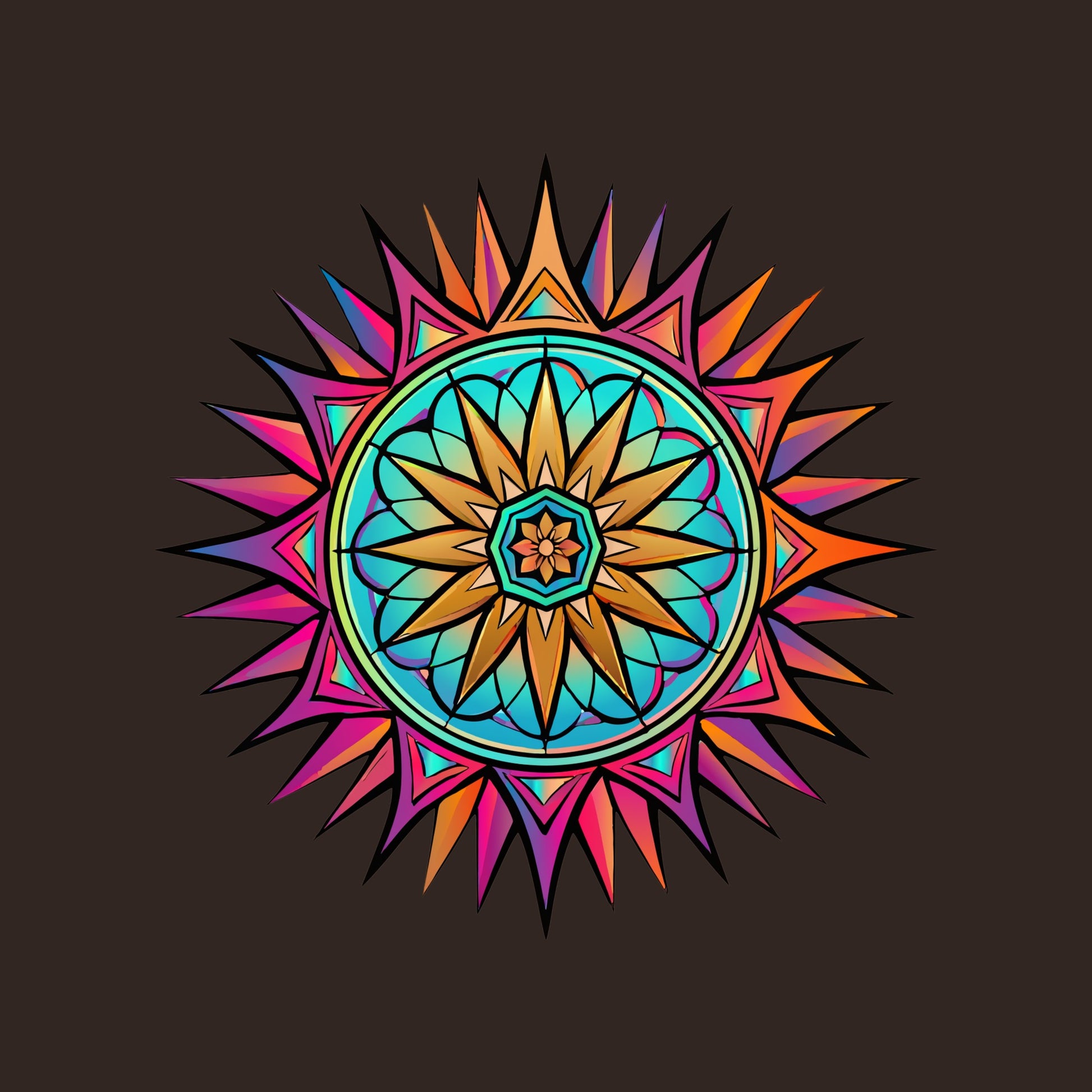 Close-up of the Neon Gradient Mandala design on a Brown tee