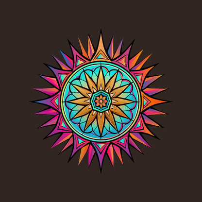 Close-up of the Neon Gradient Mandala design on a Brown tee