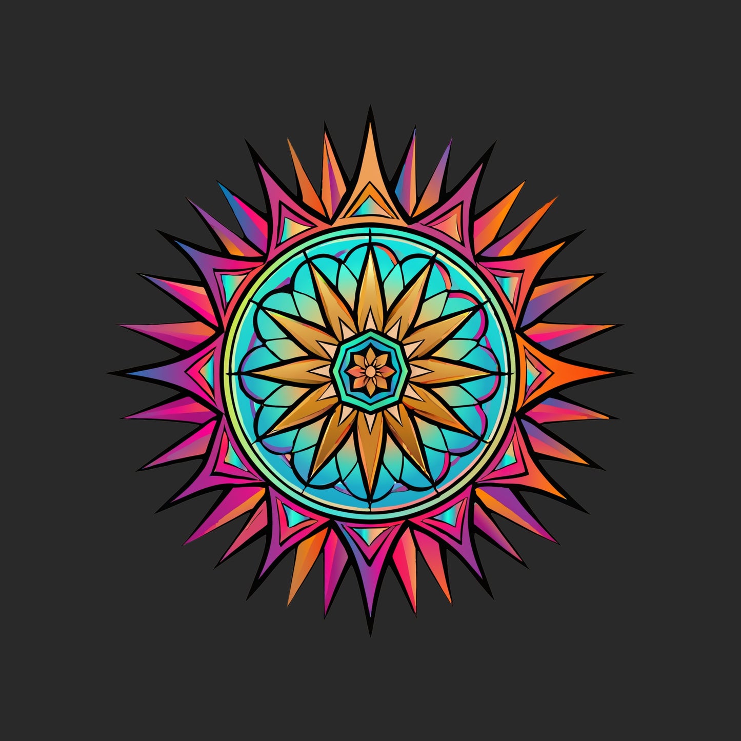 Close-up of the Neon Gradient Mandala design on a Dark Grey tee