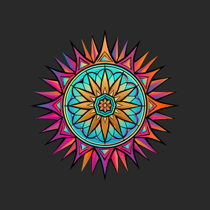 Close-up of the Neon Gradient Mandala design on a Dark Grey tee