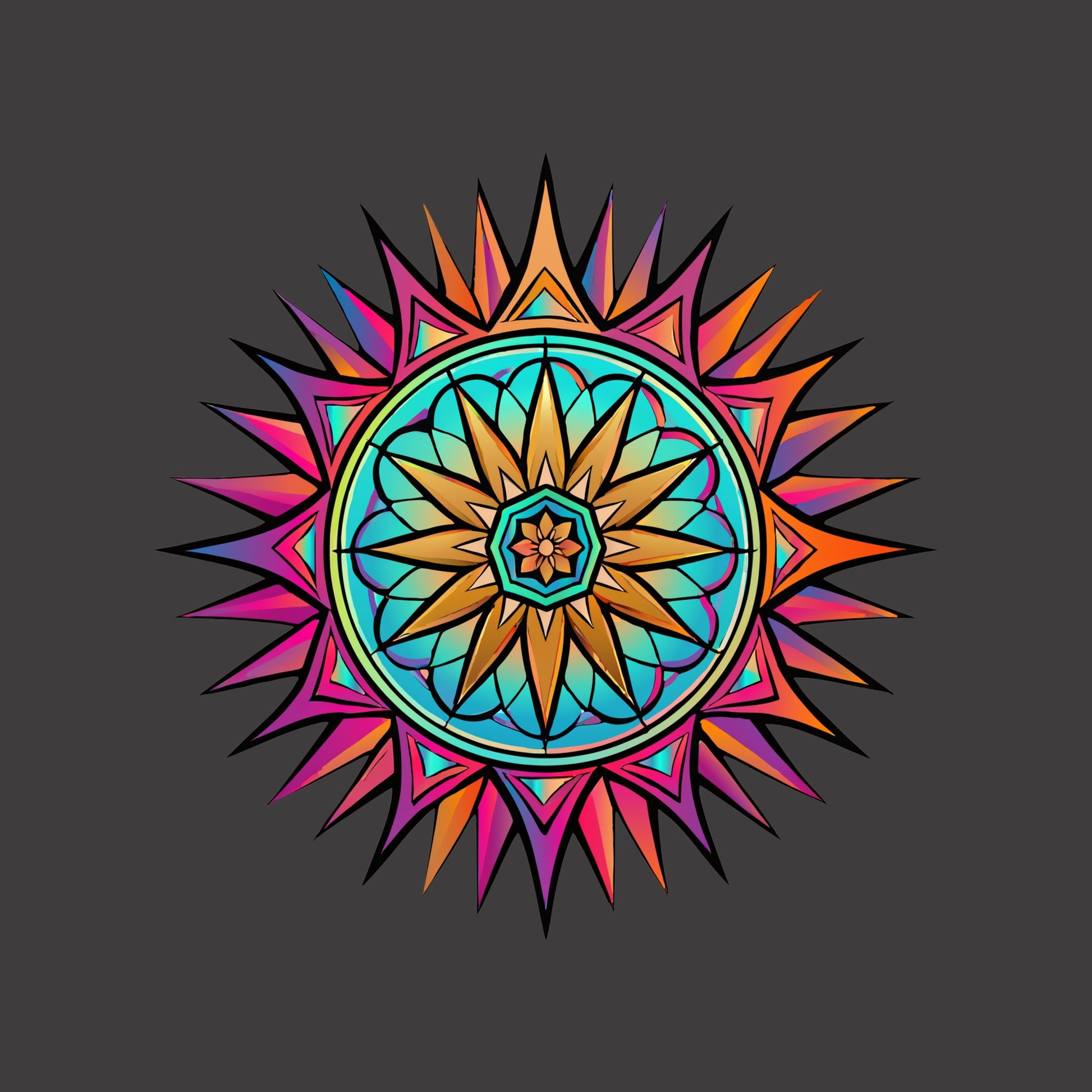 Close-up of the Neon Gradient Mandala design on a Dark Grey Heather tee