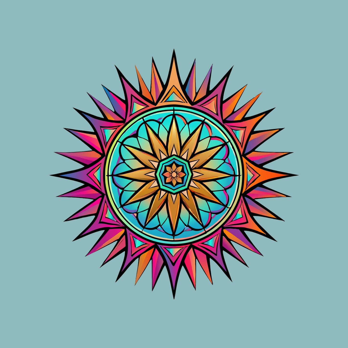 Close-up of the Neon Gradient Mandala design on a Heather Blue Lagoon tee