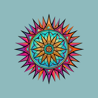 Close-up of the Neon Gradient Mandala design on a Heather Blue Lagoon tee