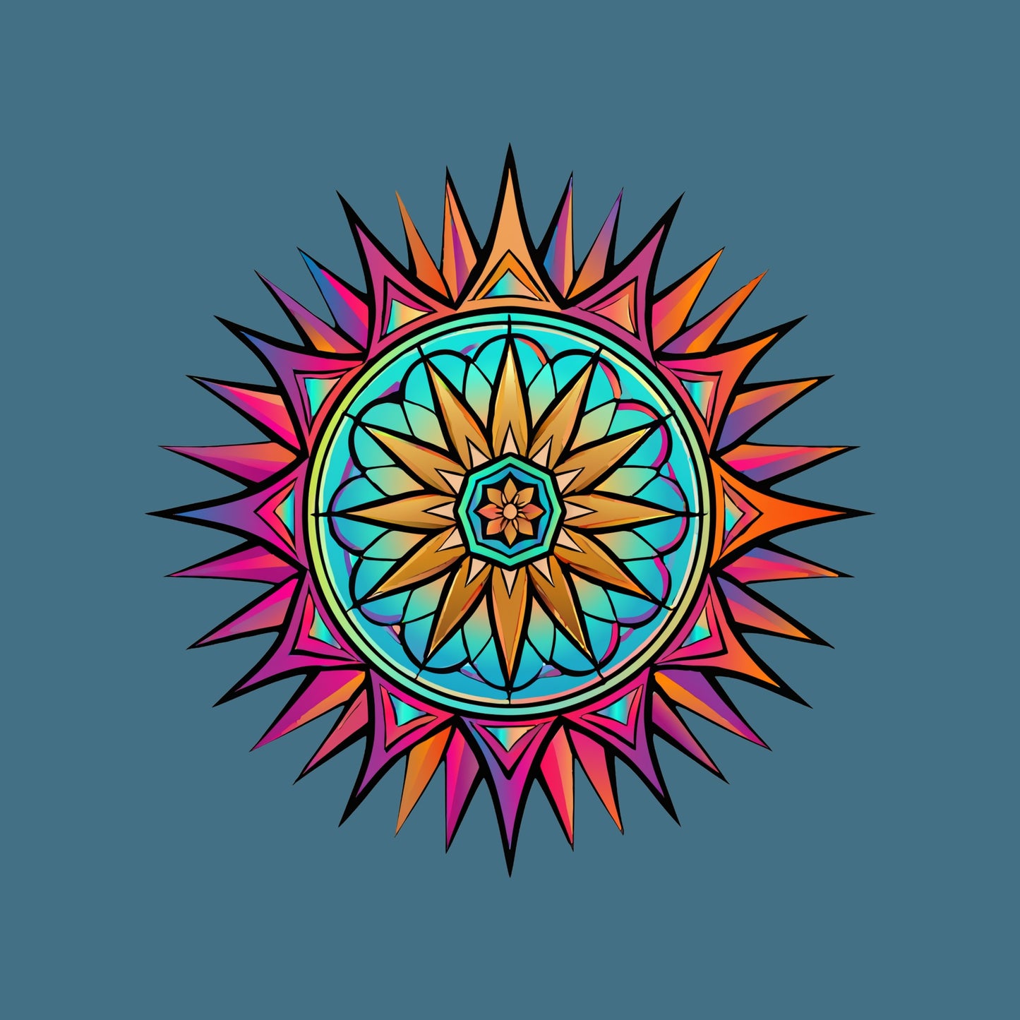 Close-up of the Neon Gradient Mandala design on a Heather Deep Teal tee