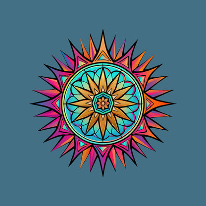 Close-up of the Neon Gradient Mandala design on a Heather Deep Teal tee