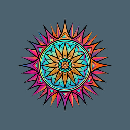Close-up of the Neon Gradient Mandala design on a Heather Slate tee
