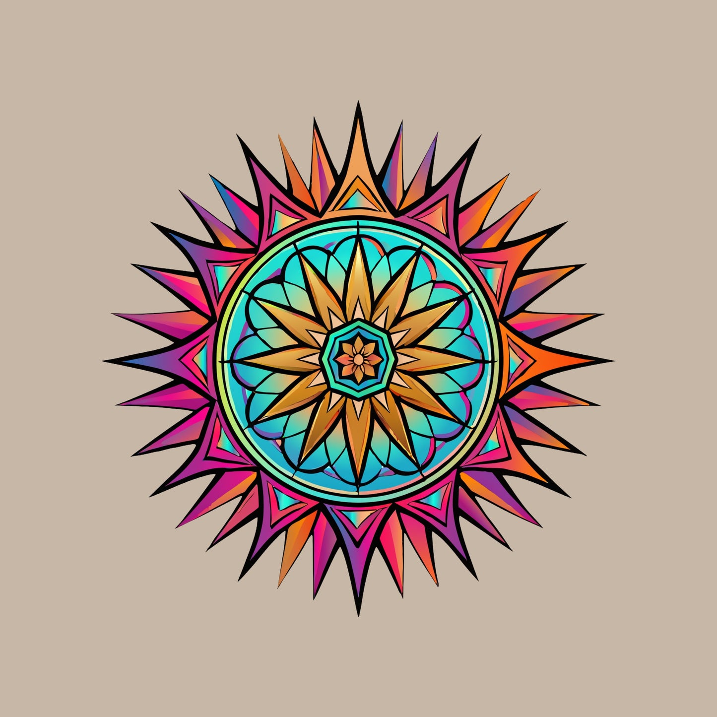 Close-up of the Neon Gradient Mandala design on a Heather Stone tee