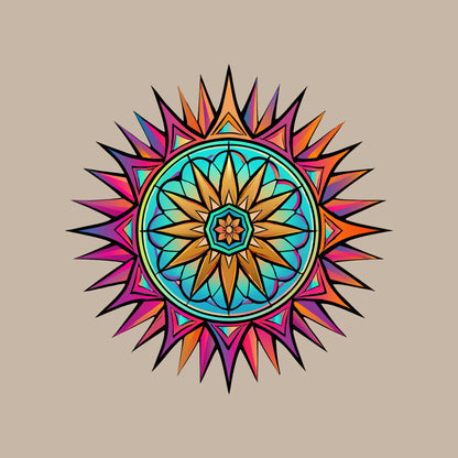 Close-up of the Neon Gradient Mandala design on a Heather Stone tee