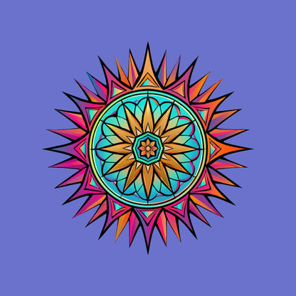 Close-up of the Neon Gradient Mandala design on a Heather True Royal tee