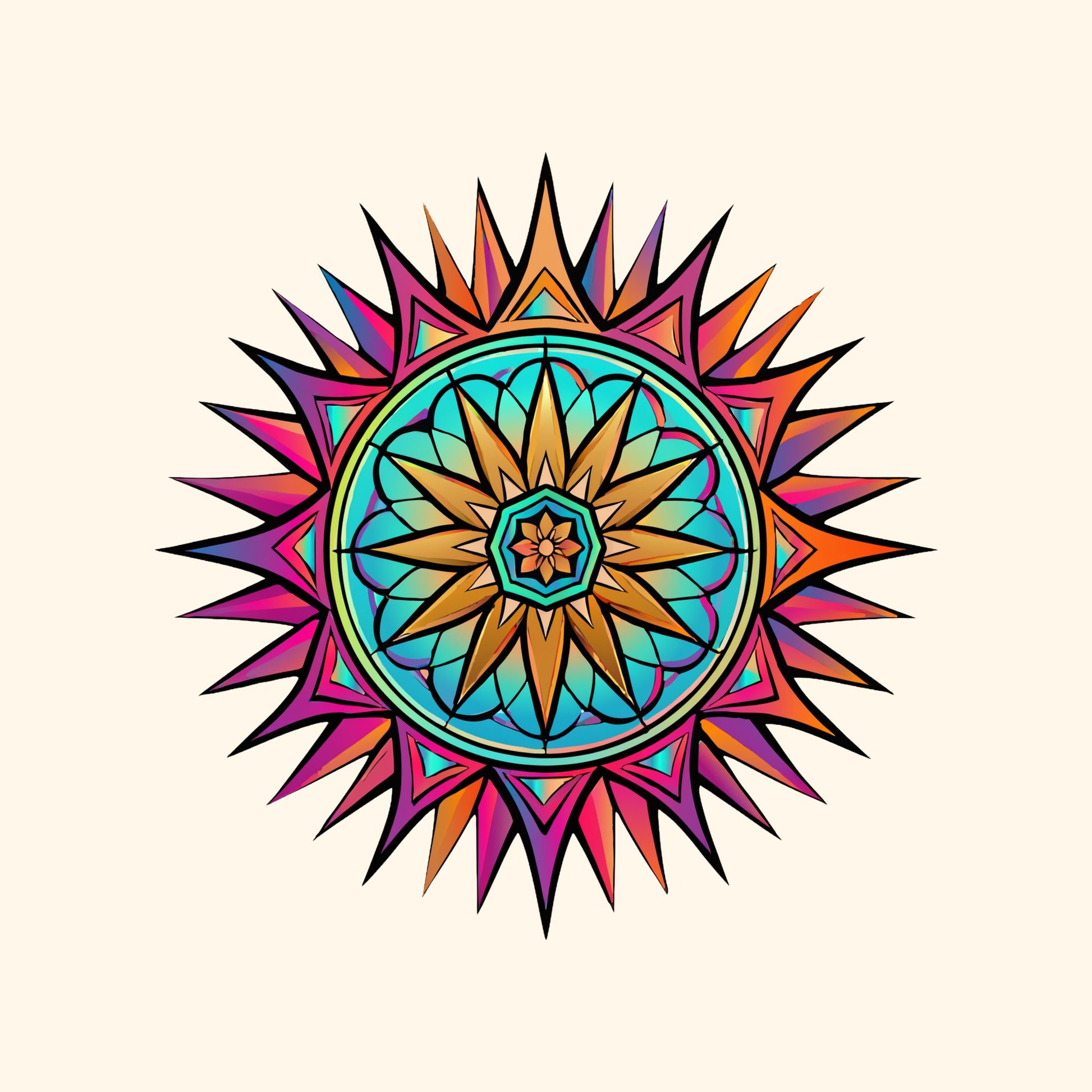 Close-up of the Neon Gradient Mandala design on a Natural tee