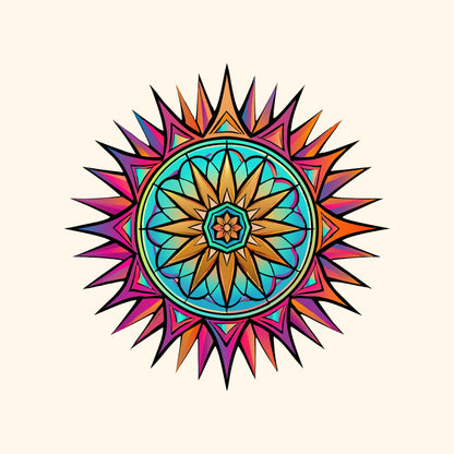 Close-up of the Neon Gradient Mandala design on a Natural tee
