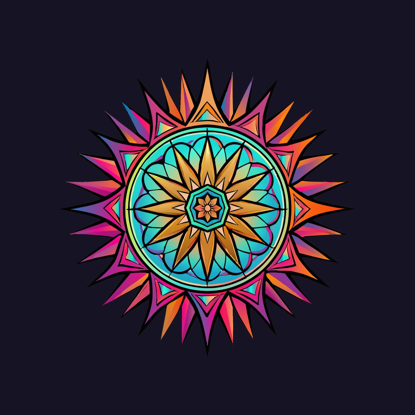 Close-up of the Neon Gradient Mandala design on a Navy tee