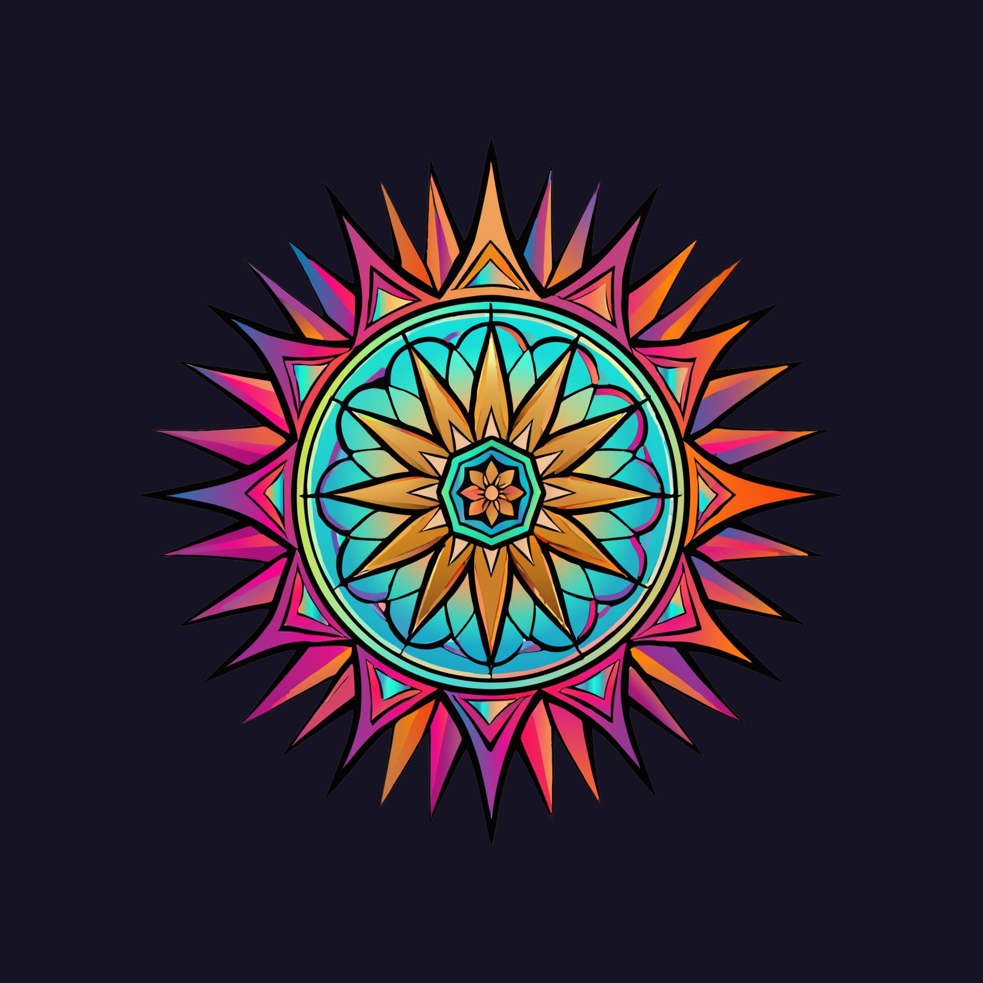 Close-up of the Neon Gradient Mandala design on a Navy tee