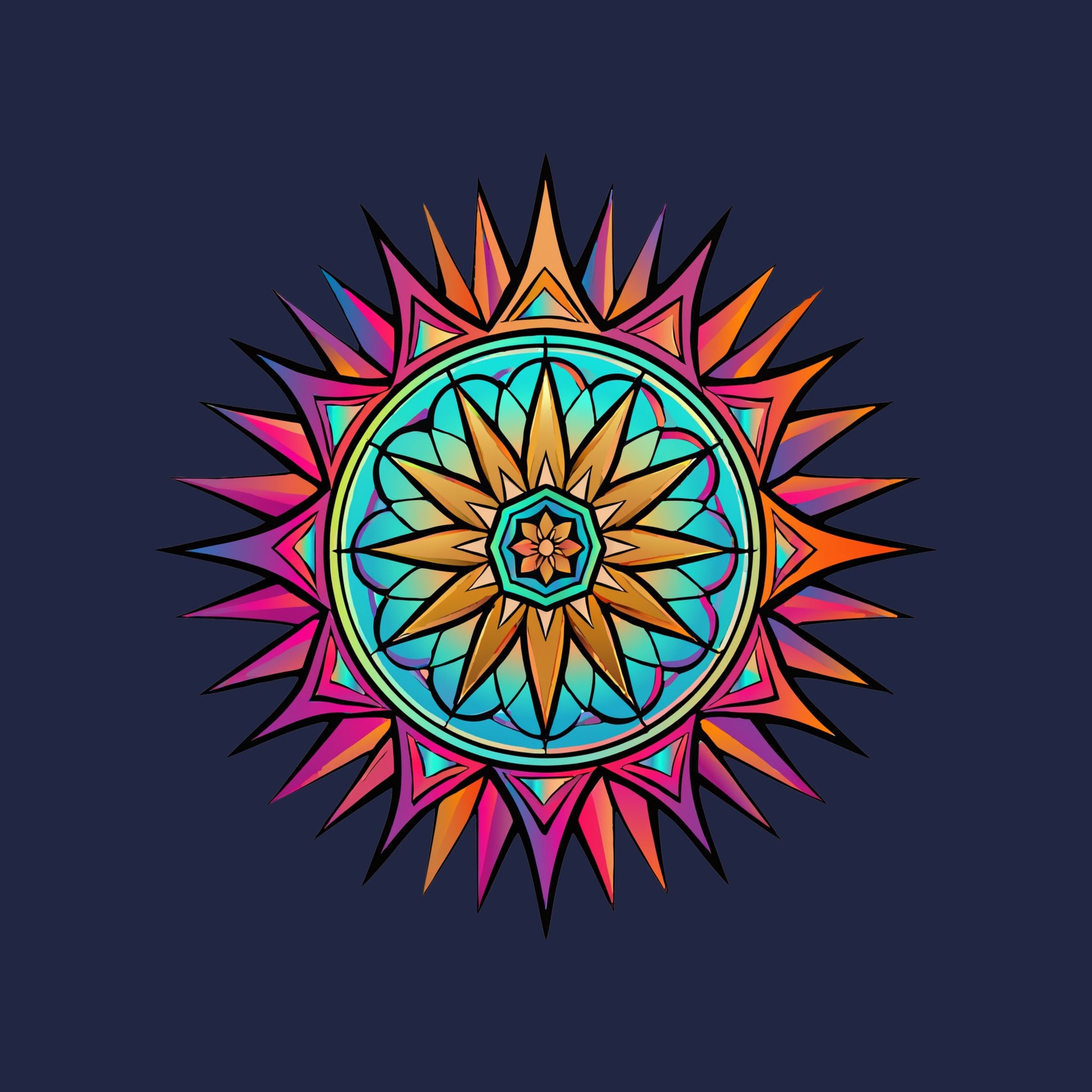 Close-up of the Neon Gradient Mandala design on a Navy tee