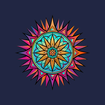 Close-up of the Neon Gradient Mandala design on a Navy tee