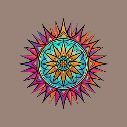 Close-up of the Neon Gradient Mandala design on a Pebble tee