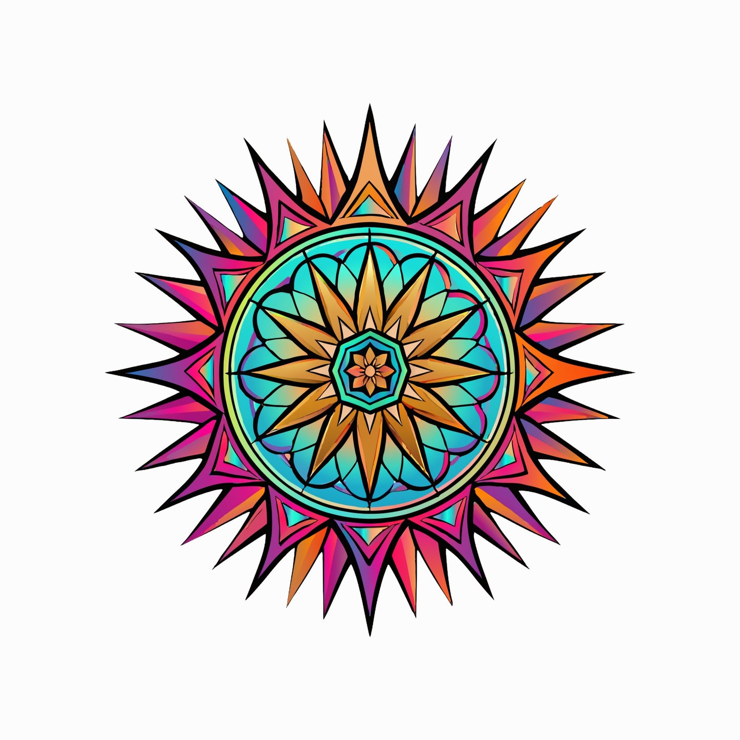Close-up of the Neon Gradient Mandala design on a Solid White Blend tee