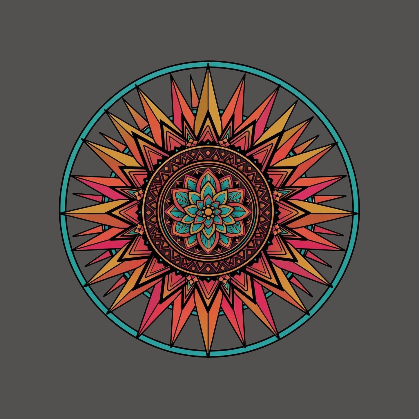 Close-up of the Sunset Mandala design on an Asphalt tee
