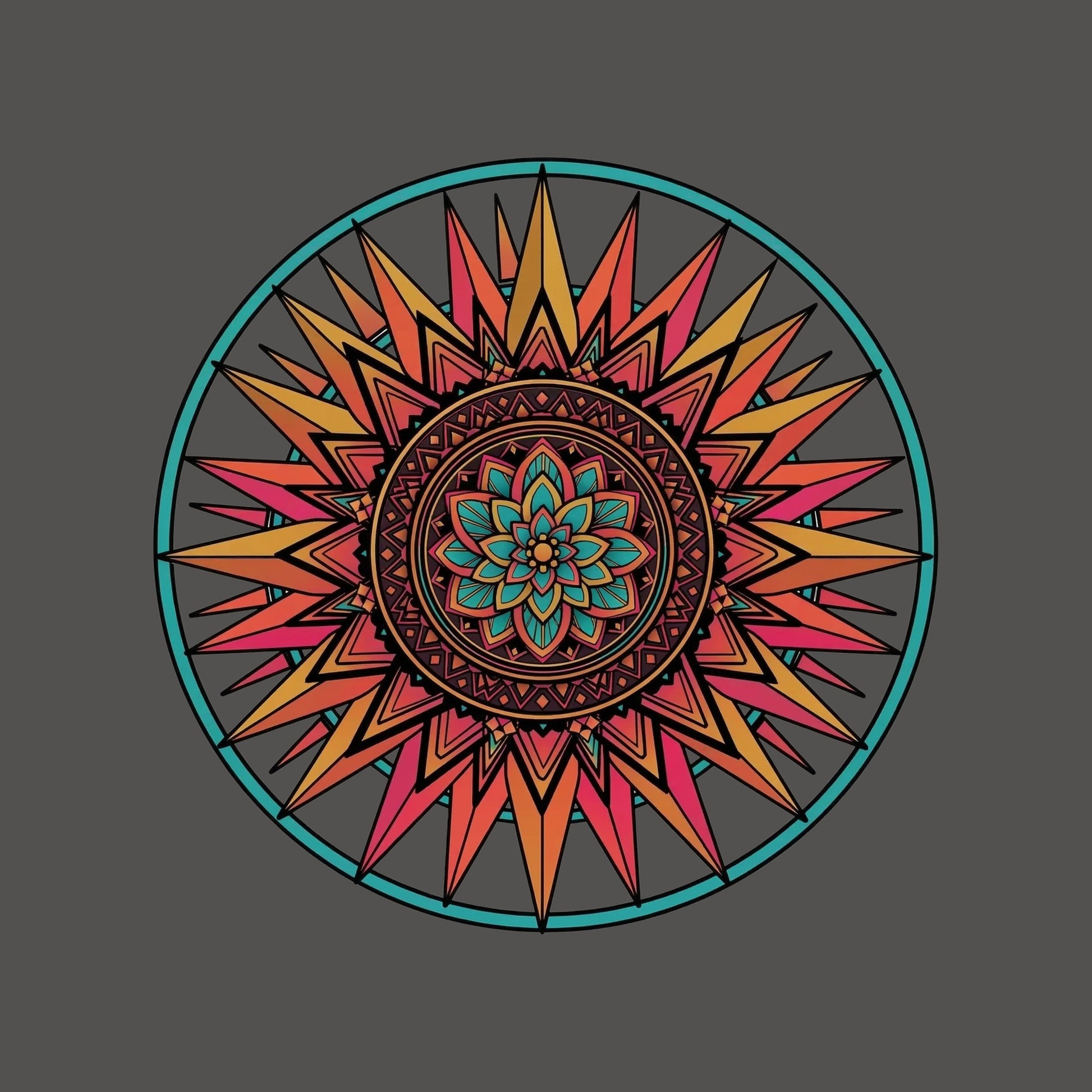 Close-up of the Sunset Mandala design on an Asphalt tee