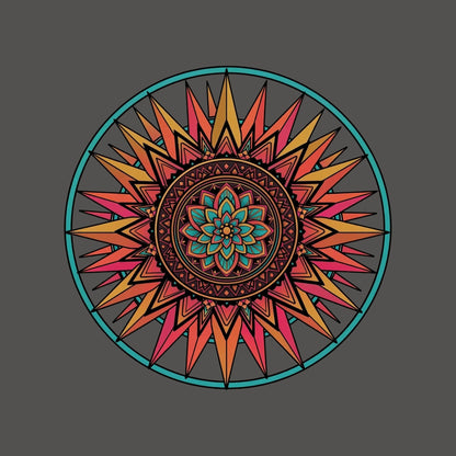 Close-up of the Sunset Mandala design on an Asphalt tee