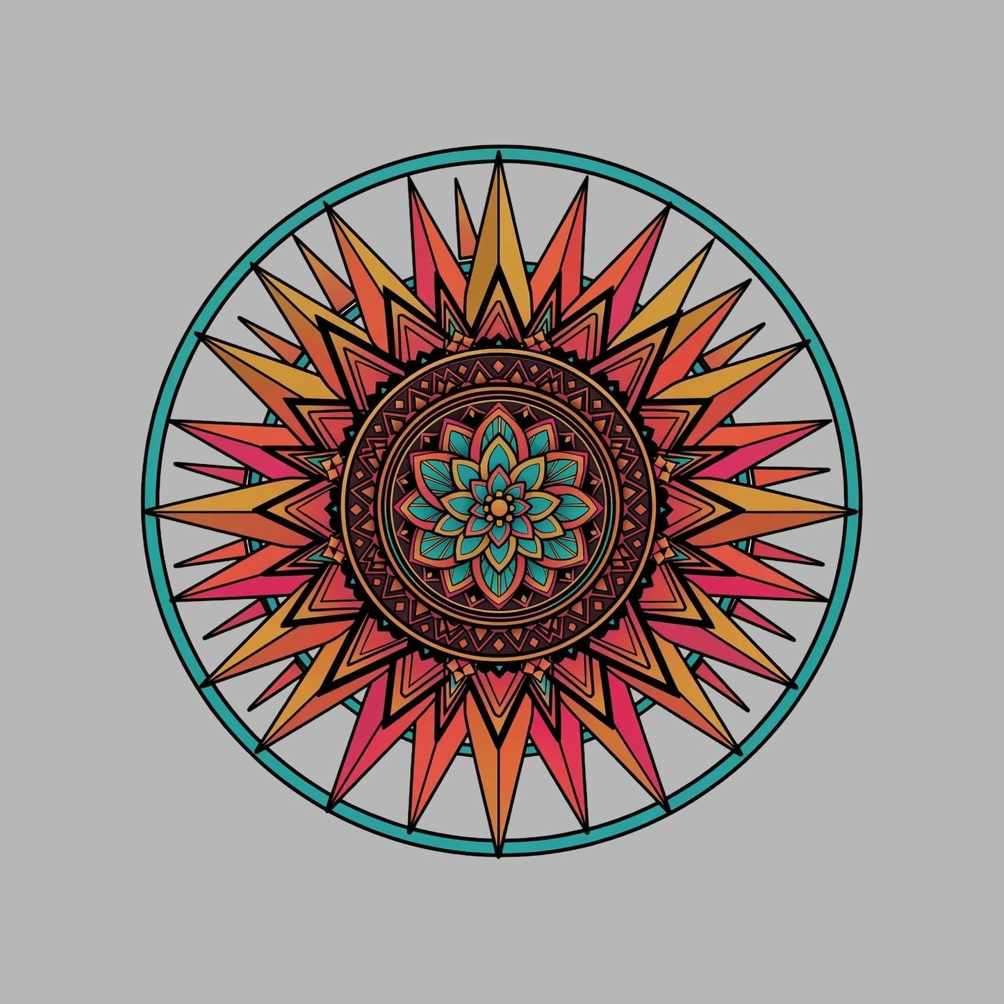 Close-up of the Teal Ring Sunset Mandala design on an Athletic Heather tee