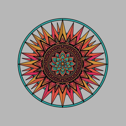 Close-up of the Teal Ring Sunset Mandala design on an Athletic Heather tee