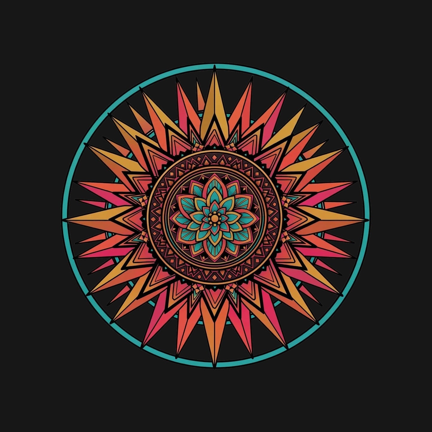 Close-up of the Teal Ring Sunset Mandala design on a Black tee