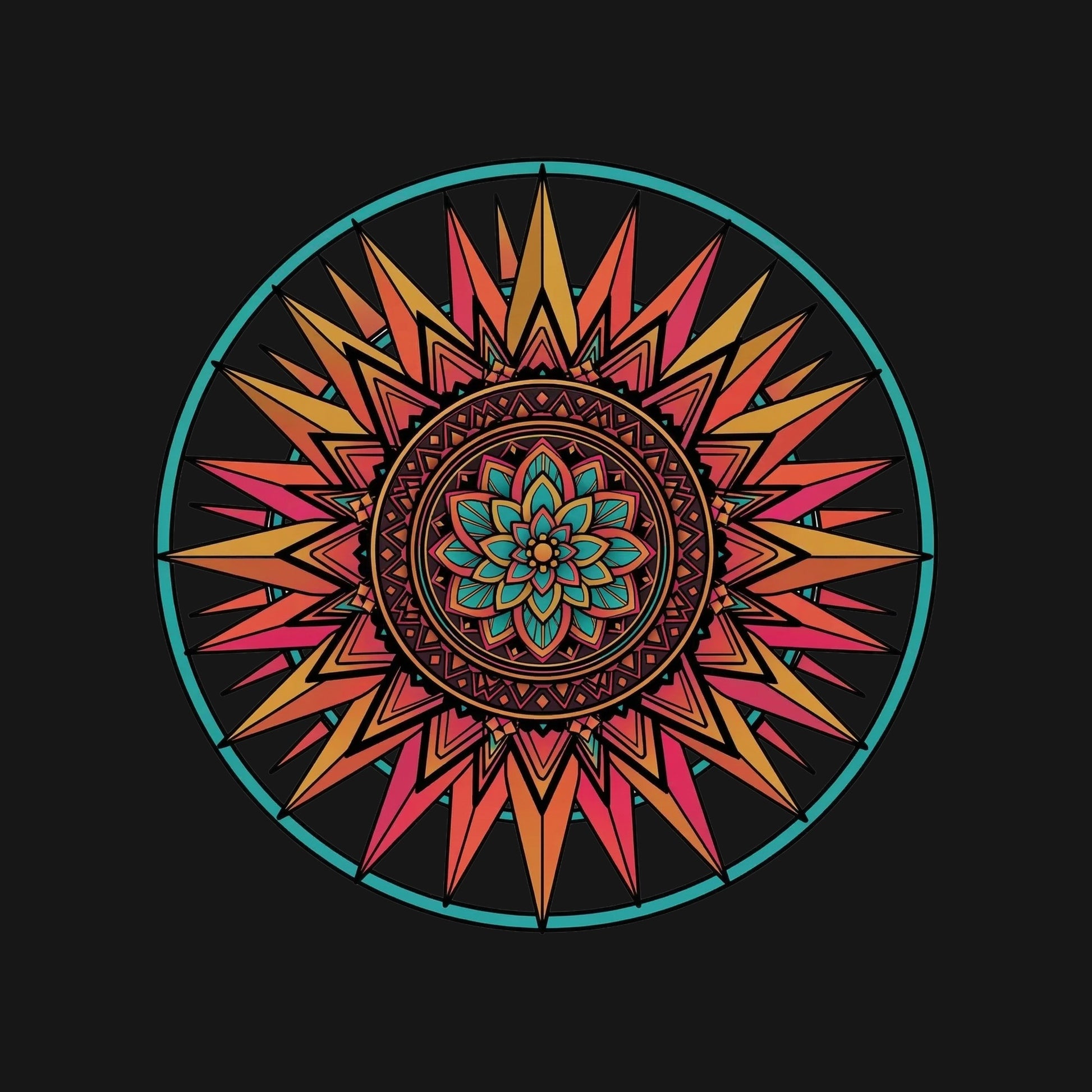 Close-up of the Teal Ring Sunset Mandala design on a Black tee