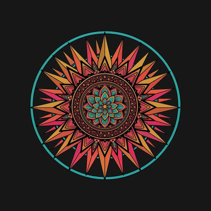 Close-up of the Teal Ring Sunset Mandala design on a Black tee