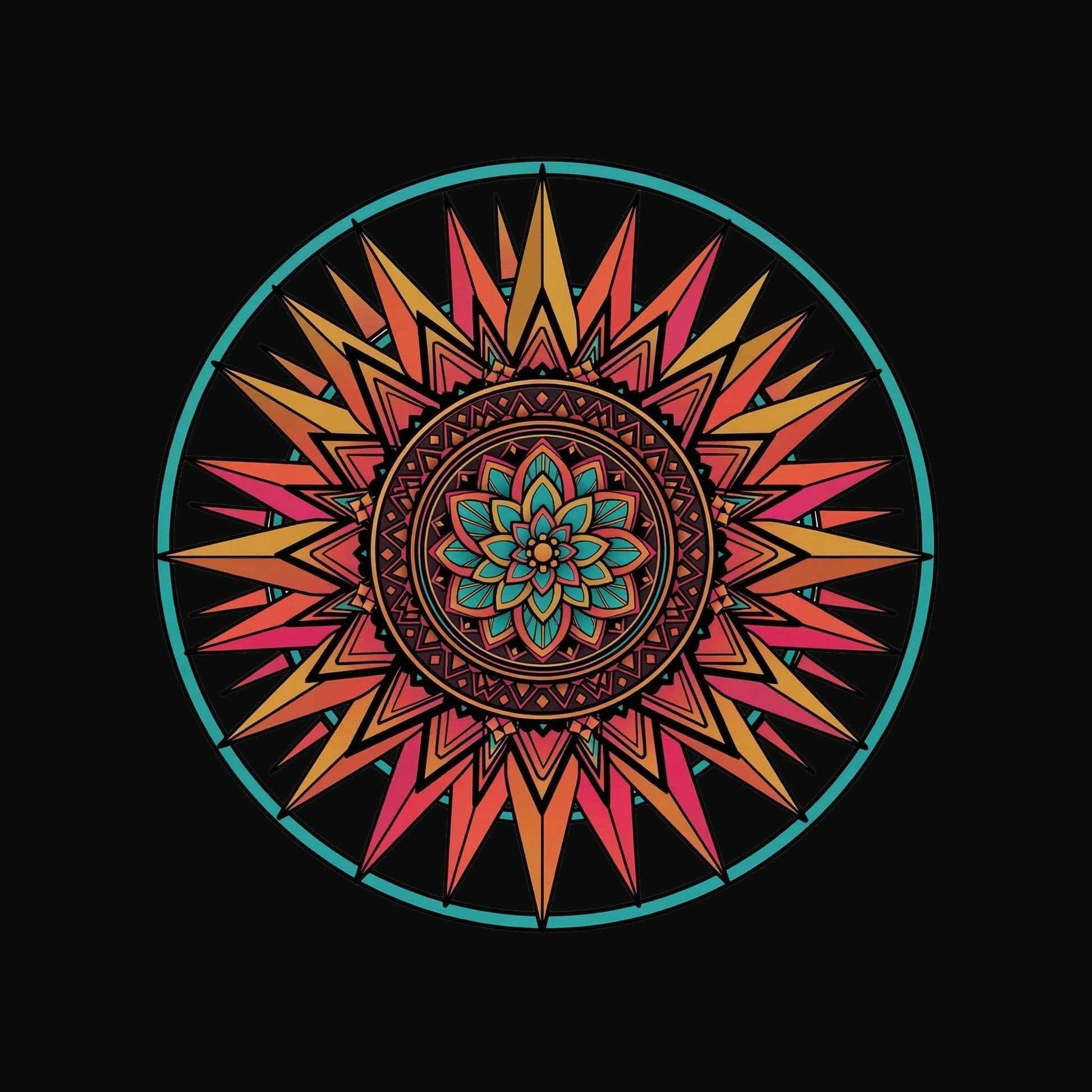 Close-up of the Sunset Mandala design on a Black tee