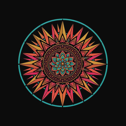 Close-up of the Sunset Mandala design on a Black tee