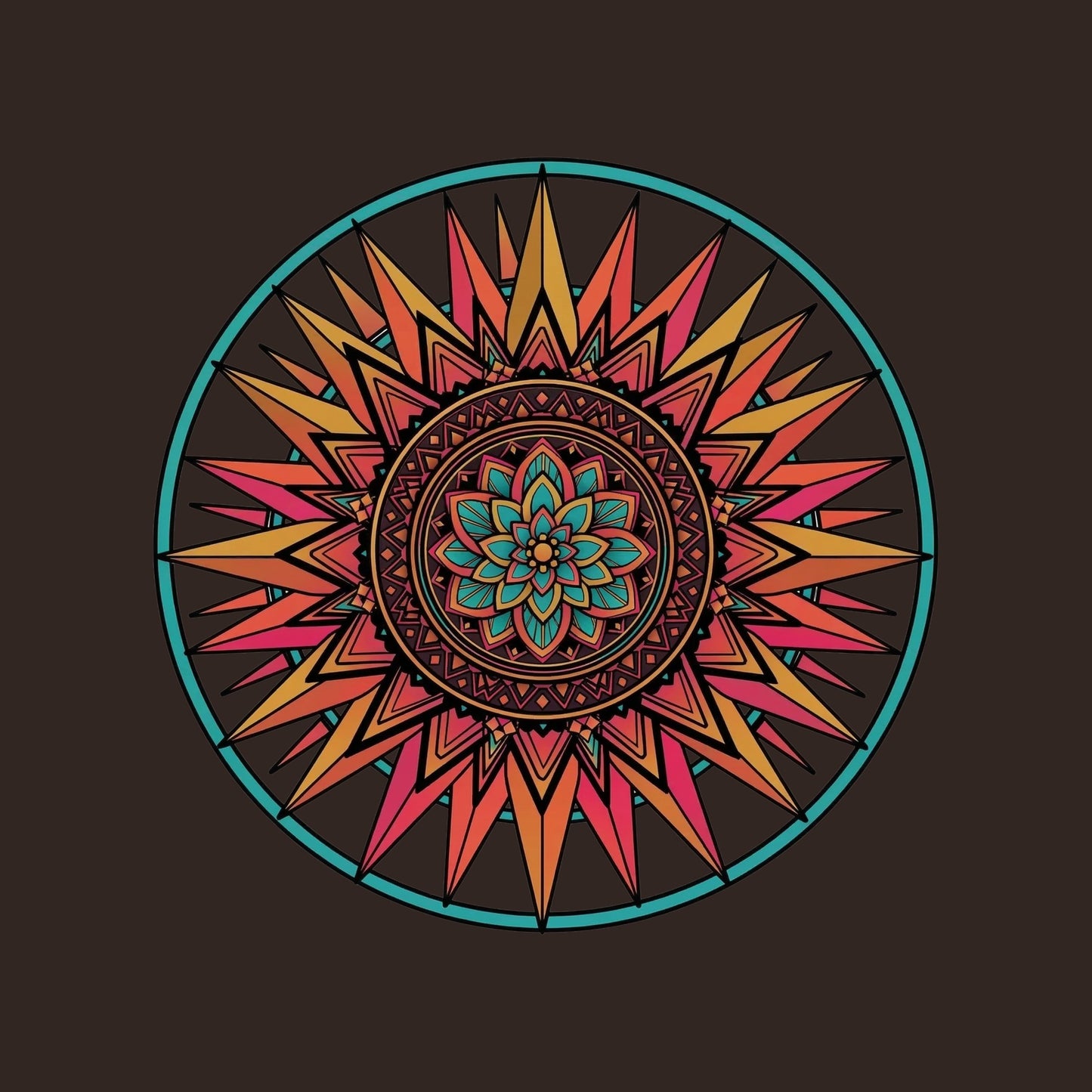 Close-up of the Sunset Mandala design on a Brown tee