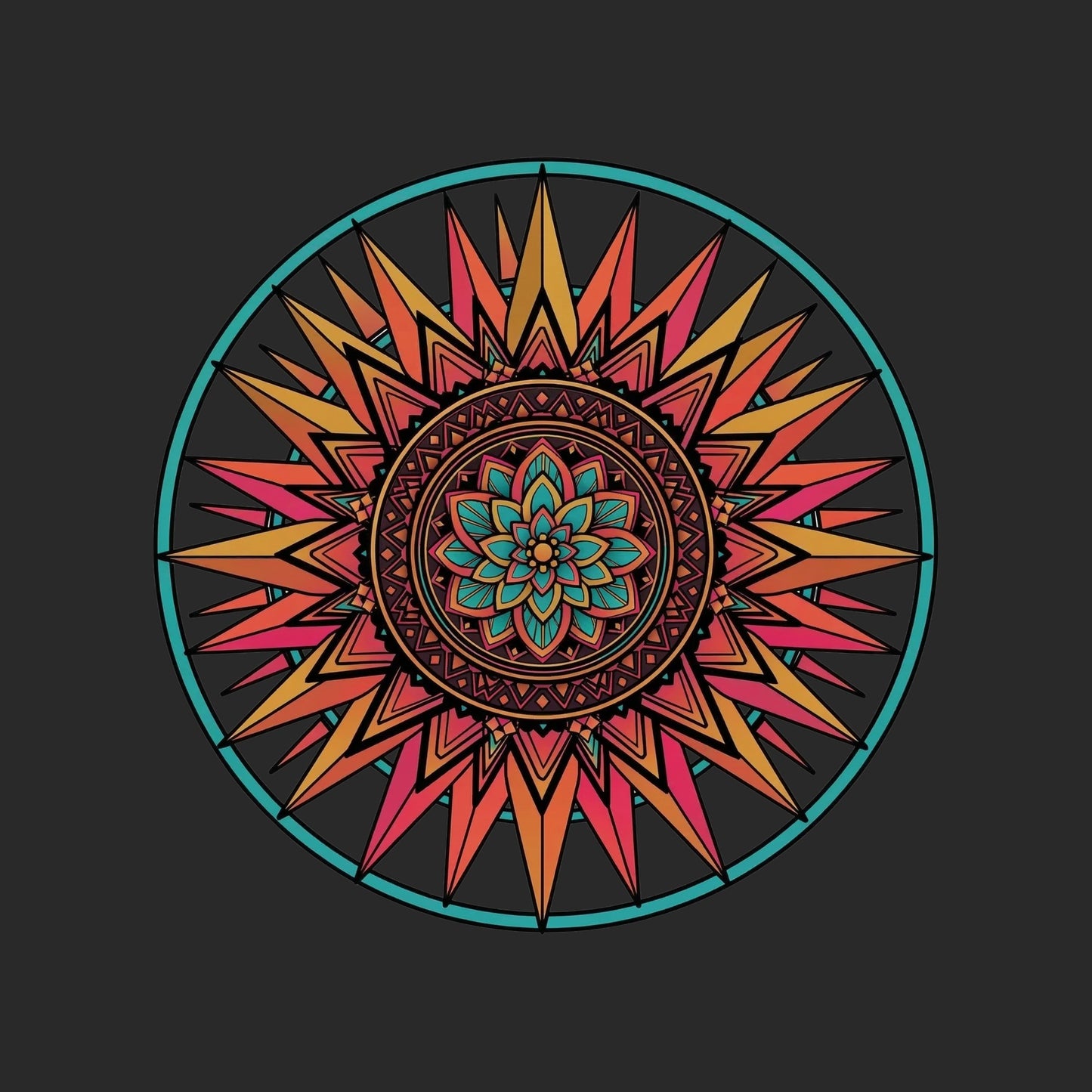 Close-up of the Sunset Mandala design on a Dark Grey tee