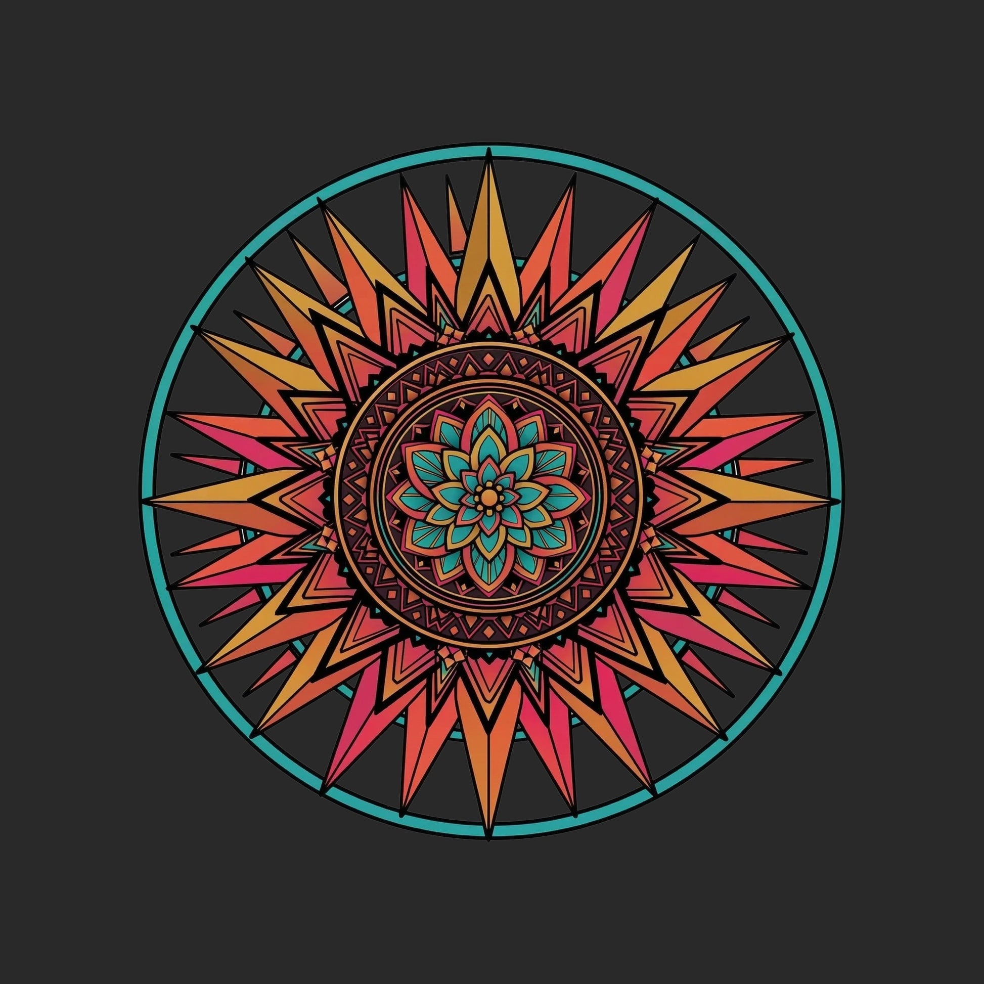 Close-up of the Sunset Mandala design on a Dark Grey tee