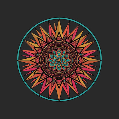 Close-up of the Sunset Mandala design on a Dark Grey tee