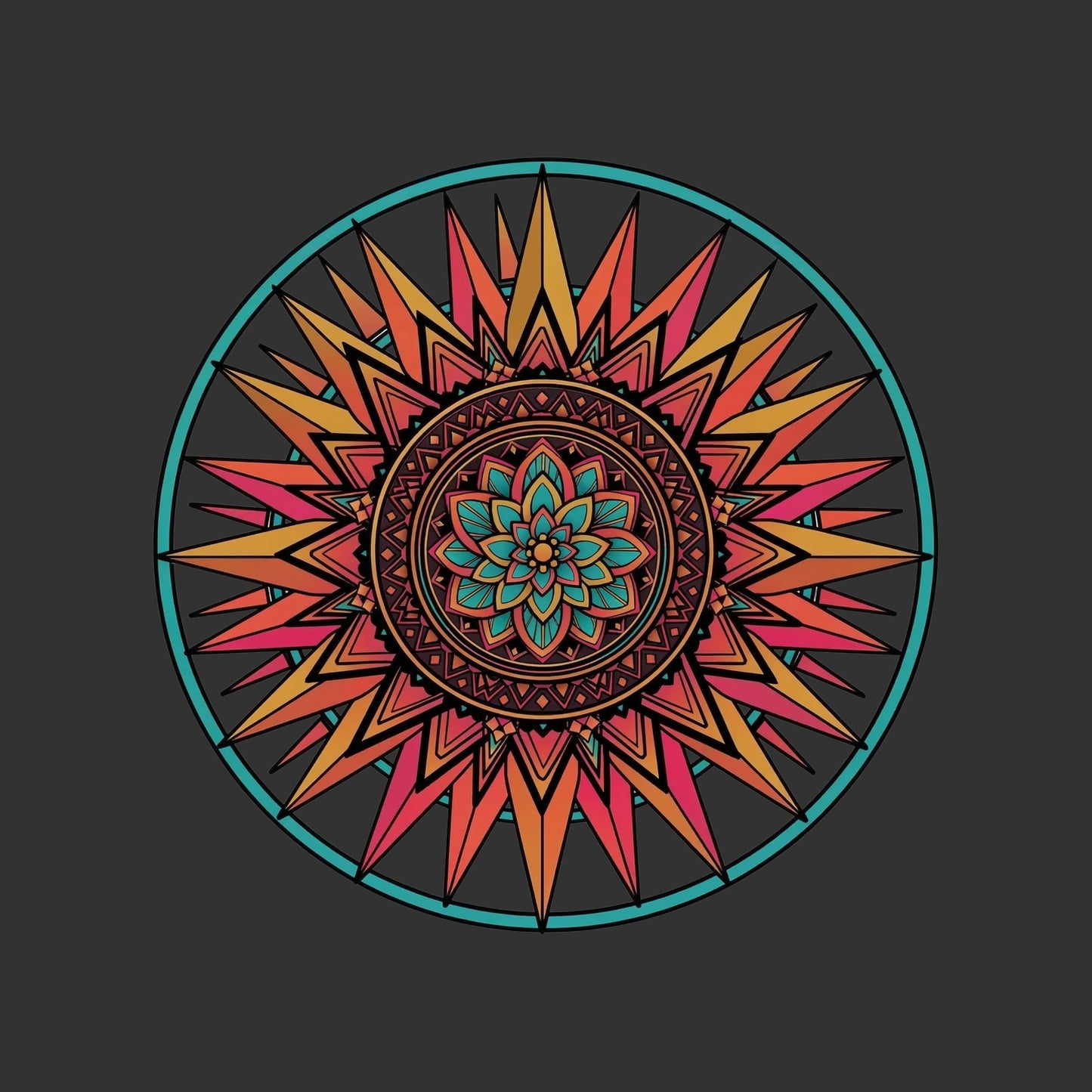Close-up of the Teal Ring Sunset Mandala design on a Dark Grey Heather tee