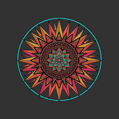 Close-up of the Teal Ring Sunset Mandala design on a Dark Grey Heather tee
