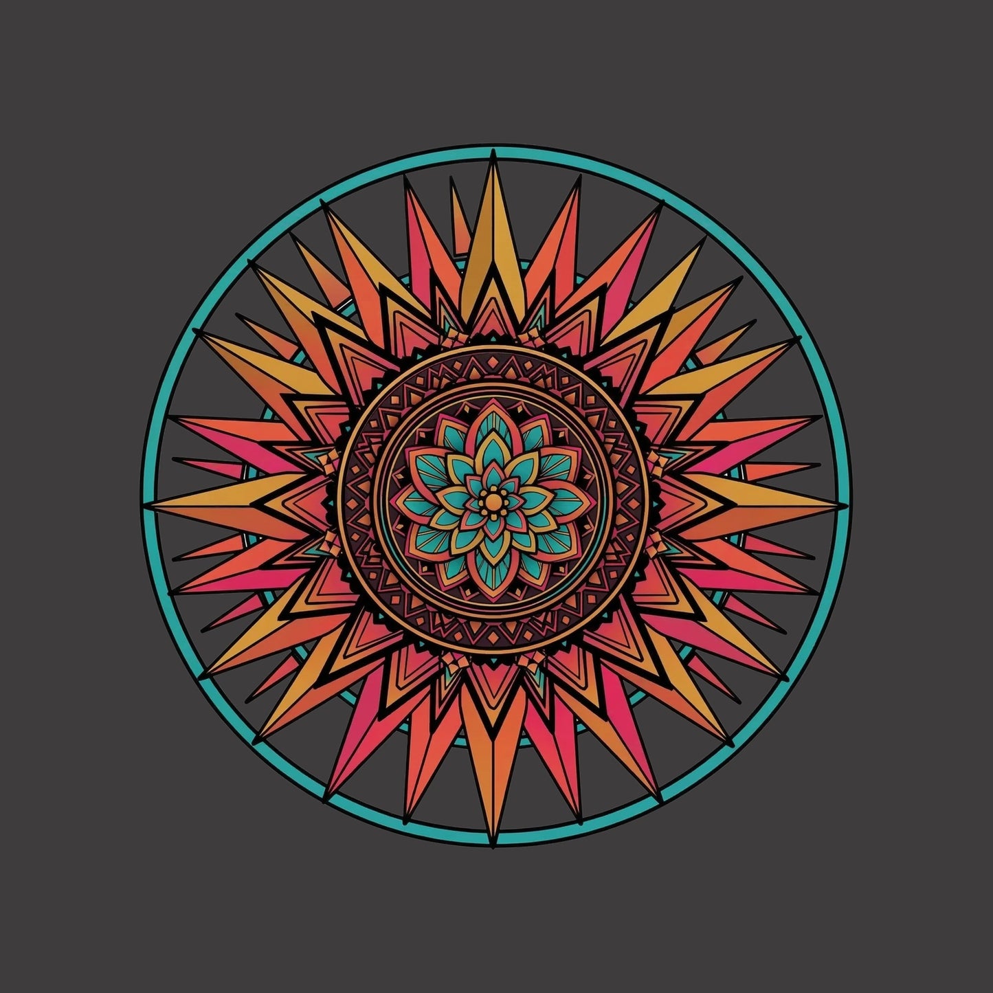 Close-up of the Sunset Mandala design on a Dark Grey Heather tee
