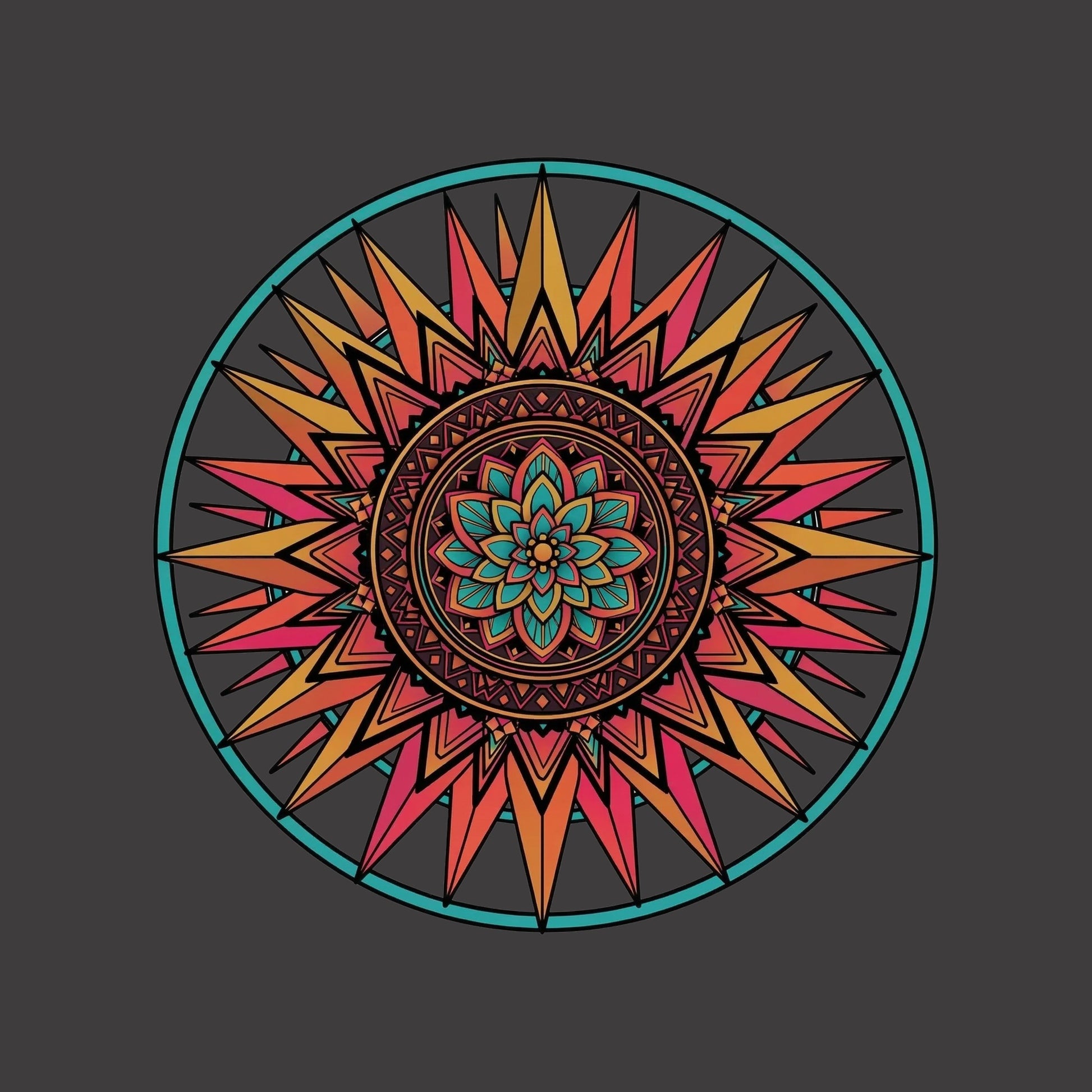 Close-up of the Sunset Mandala design on a Dark Grey Heather tee