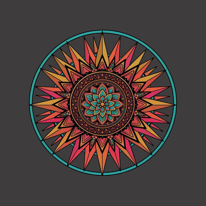 Close-up of the Sunset Mandala design on a Dark Grey Heather tee