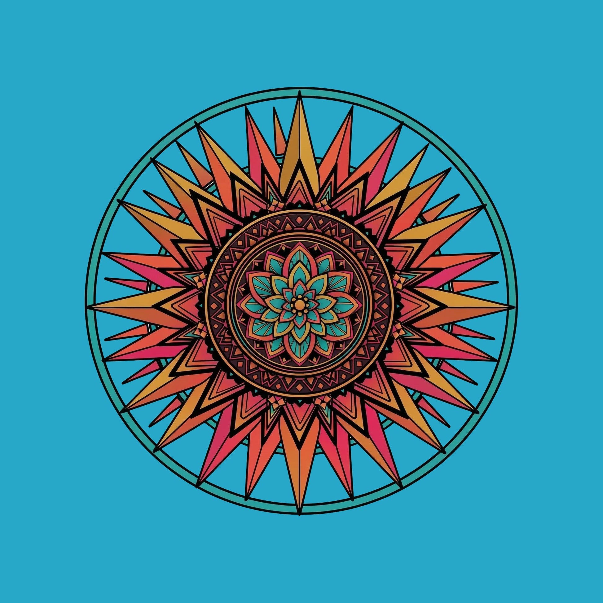 Close-up of the Sunset Mandala design on a Heather Aqua tee
