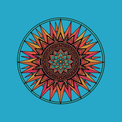 Close-up of the Sunset Mandala design on a Heather Aqua tee