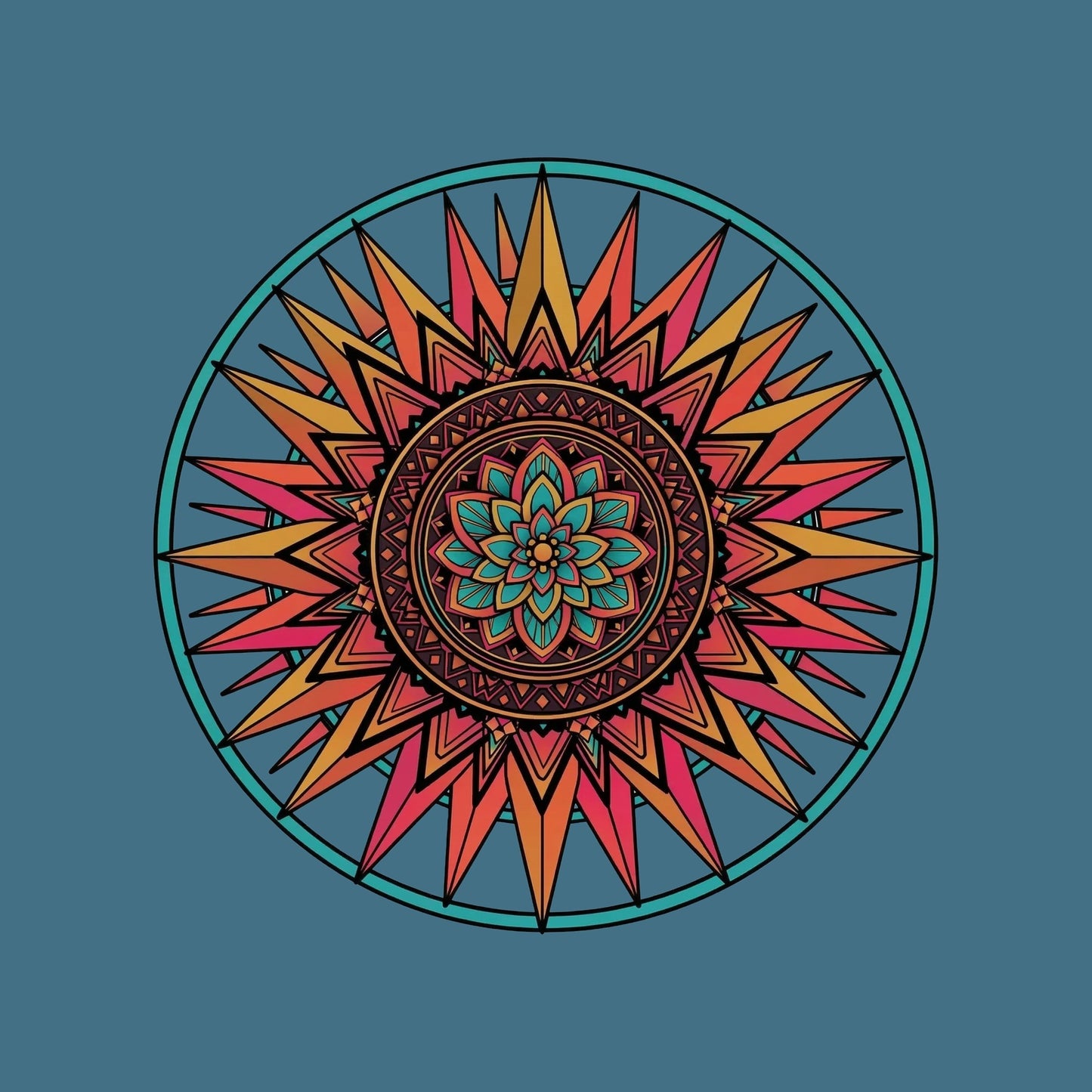 Close-up of the Sunset Mandala design on a Heather Deep Teal tee