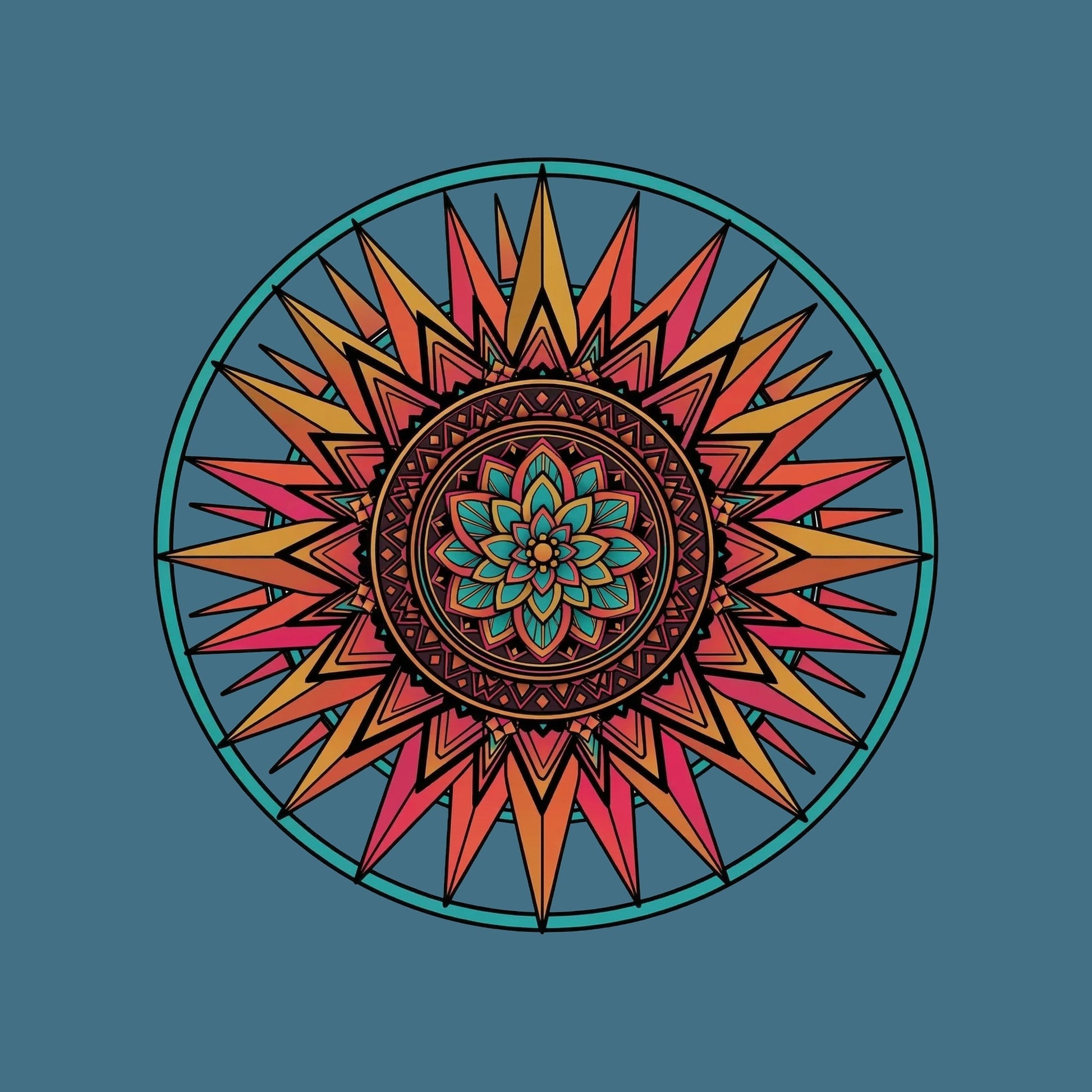 Close-up of the Sunset Mandala design on a Heather Deep Teal tee