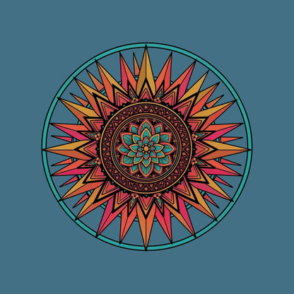Close-up of the Sunset Mandala design on a Heather Deep Teal tee